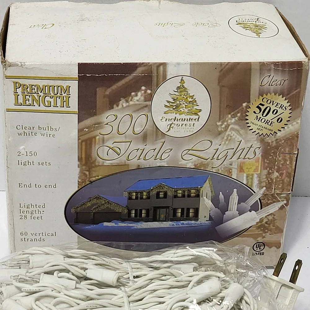 Enchanted Forest 300 Icicle Lights Clear Bulbs White Wire 28ft 2-150 Sets 81574*